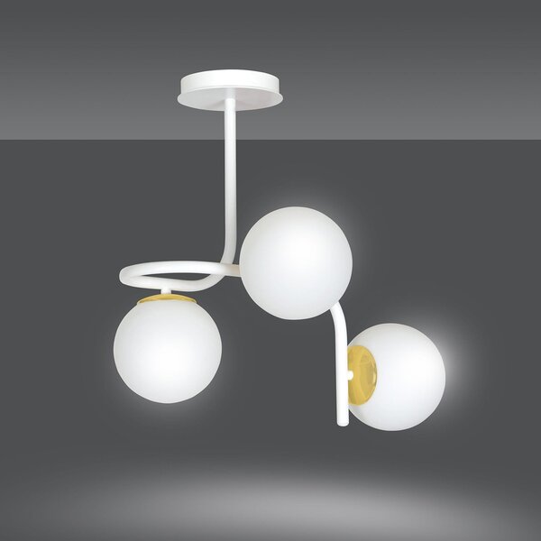 Lampadario 3 Luci Kalf Acciaio Bianco A Bracci Sfere In Vetro Opalino Oro