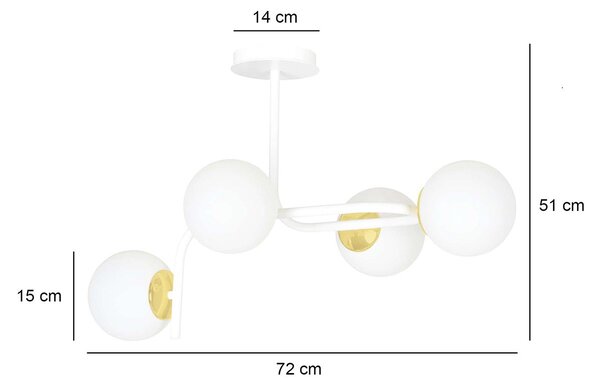 Lampadario 4 Luci Kalf Acciaio Bianco A Bracci Curvi Sfervetro Opalino Oro