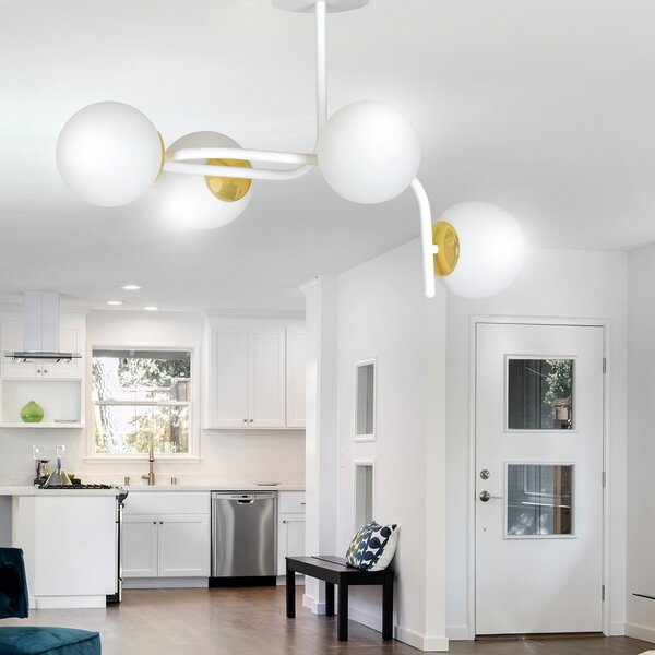 Lampadario 4 Luci Kalf Acciaio Bianco A Bracci Curvi Sfervetro Opalino Oro