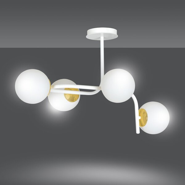 Lampadario 4 Luci Kalf Acciaio Bianco A Bracci Curvi Sfervetro Opalino Oro