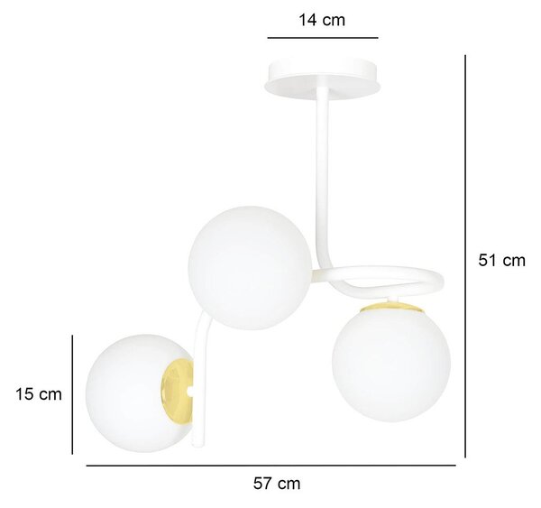 Lampadario 3 Luci Kalf Acciaio Bianco A Bracci Sfere In Vetro Opalino Oro