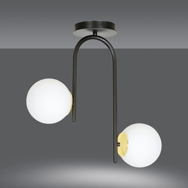 Lampadario 2 Luci Kalf Acciaio Nero A Bracci E Sfere In Vetro Opalino E Oro