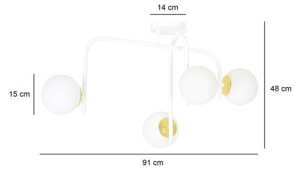 Lampadario 4 Luci Kalf Acciaio Bianco A Bracci Sfere In Vetro Opalino Oro