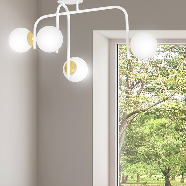 Lampadario 4 Luci Kalf Acciaio Bianco A Bracci Sfere In Vetro Opalino Oro