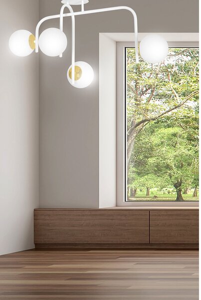 Lampadario 4 Luci Kalf Acciaio Bianco A Bracci Sfere In Vetro Opalino Oro