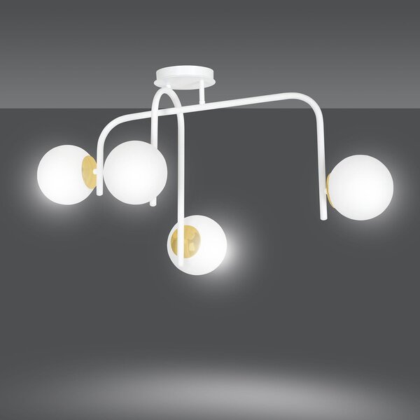Lampadario 4 Luci Kalf Acciaio Bianco A Bracci Sfere In Vetro Opalino Oro