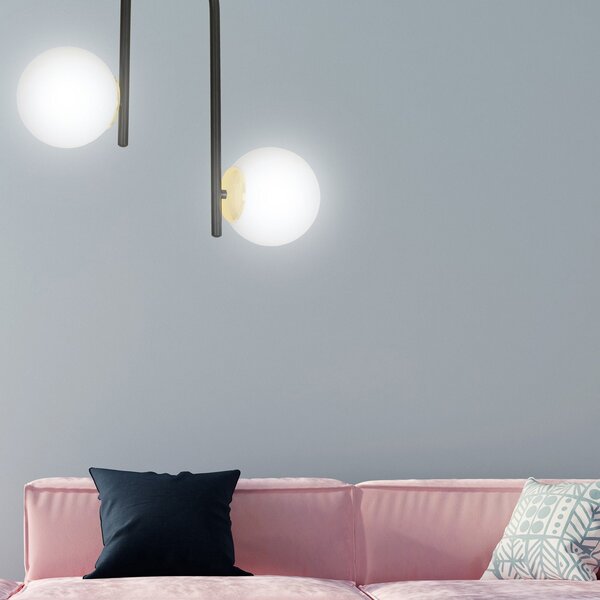 Lampadario 2 Luci Kalf Acciaio Nero A Bracci E Sfere In Vetro Opalino E Oro
