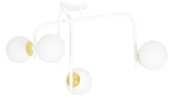 Lampadario 4 Luci Kalf Acciaio Bianco A Bracci Sfere In Vetro Opalino Oro