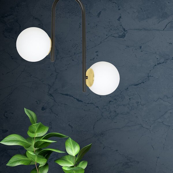 Lampadario 2 Luci Kalf Acciaio Nero A Bracci E Sfere In Vetro Opalino E Oro