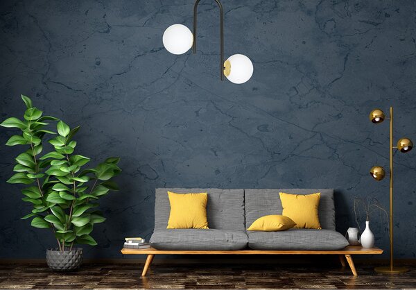 Lampadario 2 Luci Kalf Acciaio Nero A Bracci E Sfere In Vetro Opalino E Oro