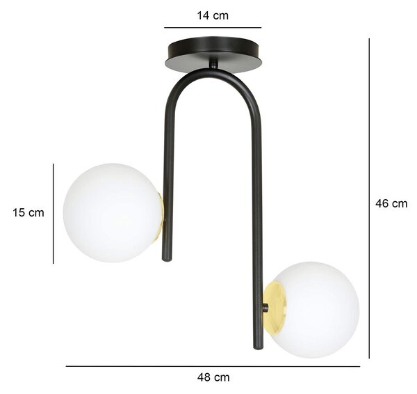 Lampadario 2 Luci Kalf Acciaio Nero A Bracci E Sfere In Vetro Opalino E Oro