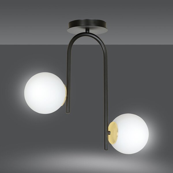 Lampadario 2 Luci Kalf Acciaio Nero A Bracci E Sfere In Vetro Opalino E Oro