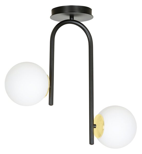 Lampadario 2 Luci Kalf Acciaio Nero A Bracci E Sfere In Vetro Opalino E Oro