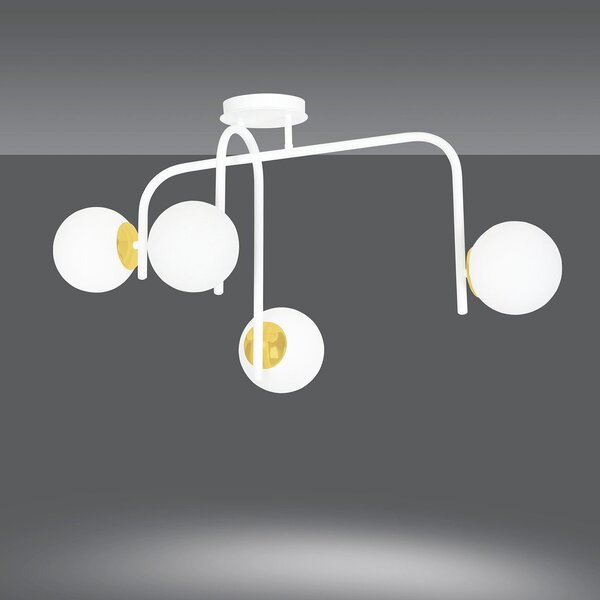 Lampadario 4 Luci Kalf Acciaio Bianco A Bracci Sfere In Vetro Opalino Oro