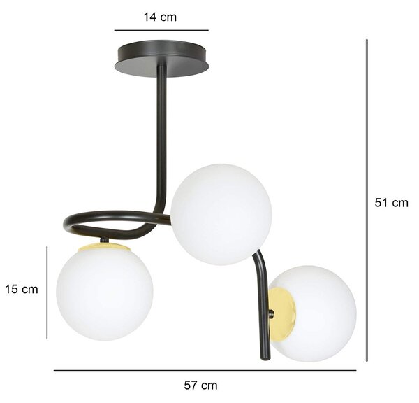 Lampadario 3 Luci Kalf Acciaio Nero A Bracci E Sfere In Vetro Opalino E Oro