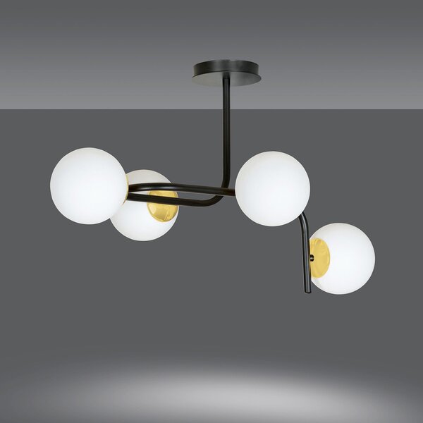 Lampadario 4 Luci Kalf Acciaio Nero A Bracci Curvi Sfervetro Opalino Oro