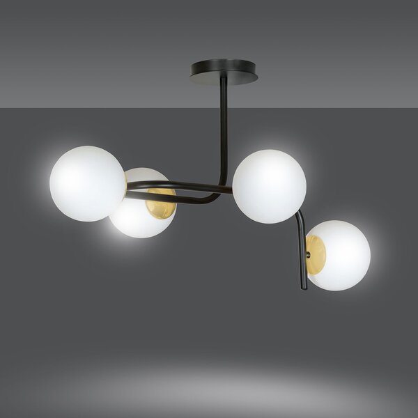 Lampadario 4 Luci Kalf Acciaio Nero A Bracci Curvi Sfervetro Opalino Oro