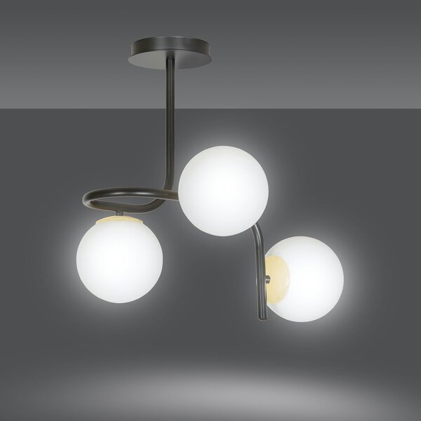 Lampadario 3 Luci Kalf Acciaio Nero A Bracci E Sfere In Vetro Opalino E Oro