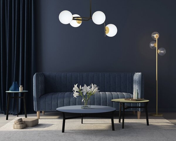 Lampadario 4 Luci Kalf Acciaio Nero A Bracci Curvi Sfervetro Opalino Oro