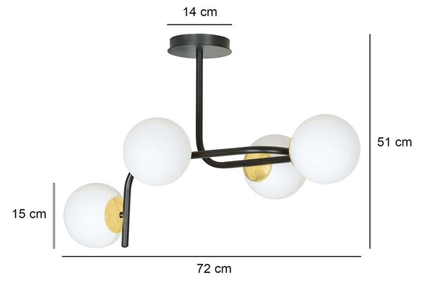 Lampadario 4 Luci Kalf Acciaio Nero A Bracci Curvi Sfervetro Opalino Oro