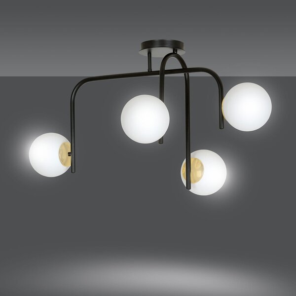Lampadario 4 Luci Kalf Acciaio Nero A Bracci E Sfere In Vetro Opalino E Oro