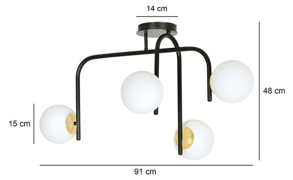 Lampadario 4 Luci Kalf Acciaio Nero A Bracci E Sfere In Vetro Opalino E Oro