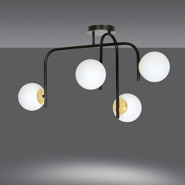 Lampadario 4 Luci Kalf Acciaio Nero A Bracci E Sfere In Vetro Opalino E Oro