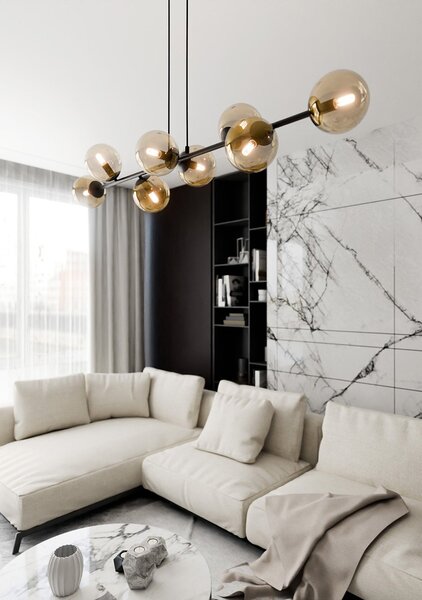 Lampadario Contemporaneo 8 Luci Su Acciaio Nero E Sfere In Vetro Ambra