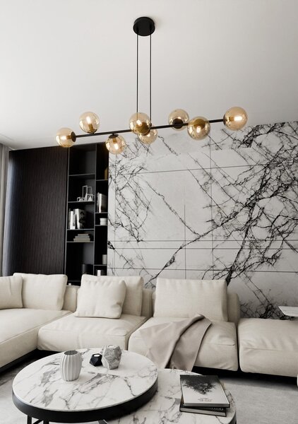 Lampadario Contemporaneo 8 Luci Su Acciaio Nero E Sfere In Vetro Ambra