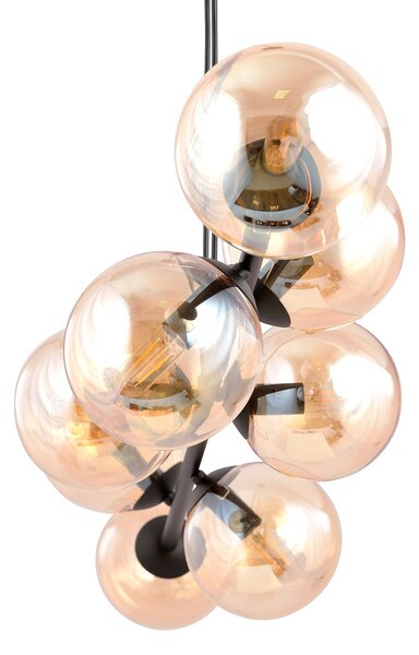 Lampadario Contemporaneo 8 Luci Su Acciaio Nero E Sfere In Vetro Ambra