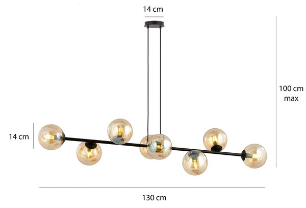 Lampadario Contemporaneo 8 Luci Su Acciaio Nero E Sfere In Vetro Ambra