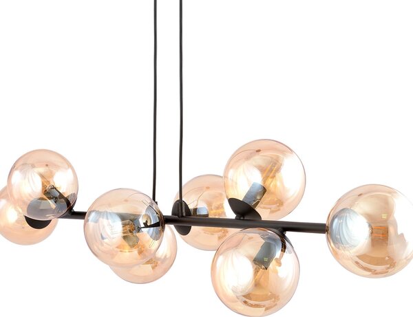 Lampadario Contemporaneo 8 Luci Su Acciaio Nero E Sfere In Vetro Ambra