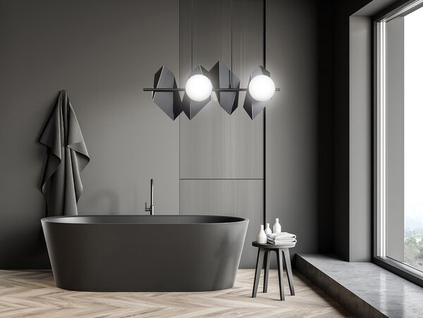 Lampadario 4 Luci Moderno Sharada Acciaio Nero E Sfere Vetro Opalino