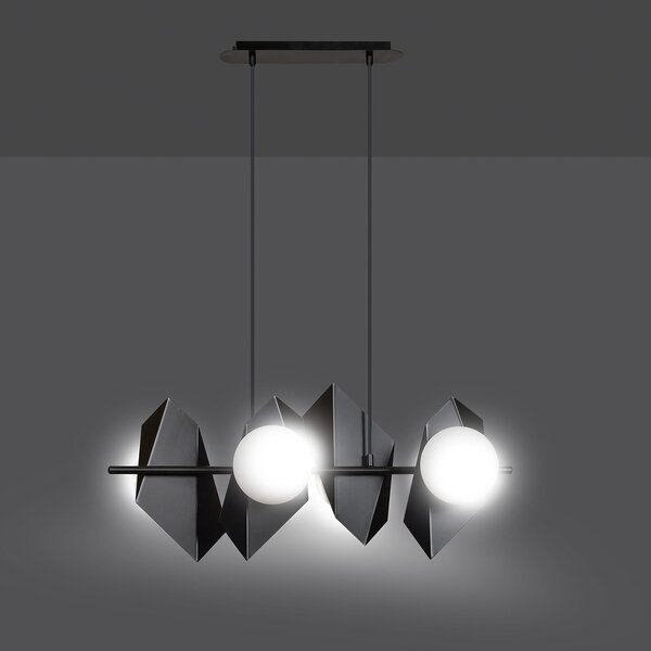 Lampadario 4 Luci Moderno Sharada Acciaio Nero E Sfere Vetro Opalino