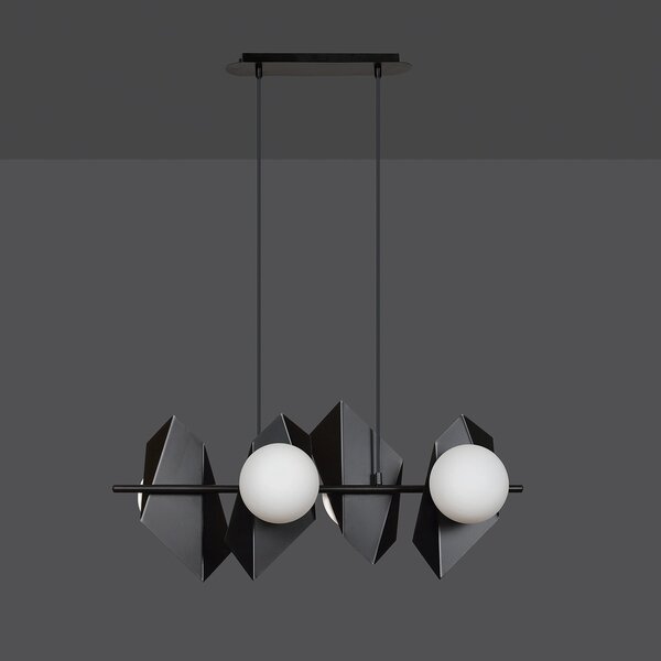 Lampadario 4 Luci Moderno Sharada Acciaio Nero E Sfere Vetro Opalino