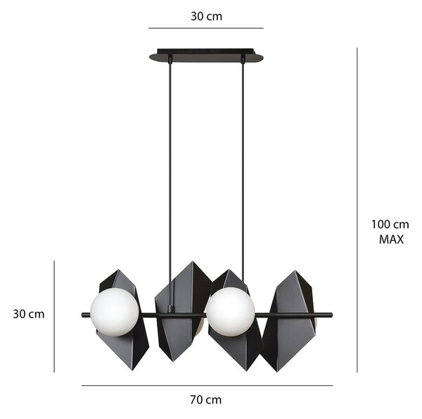 Lampadario 4 Luci Moderno Sharada Acciaio Nero E Sfere Vetro Opalino