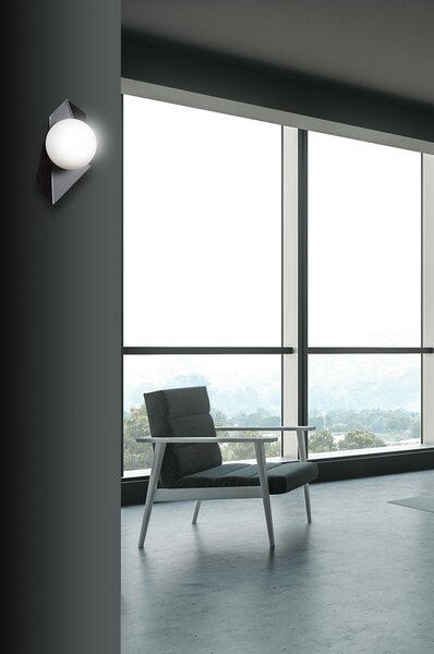 Applique Moderna 1 Luce Sharada In Acciaio Nero E Sfera Vetro Opalino