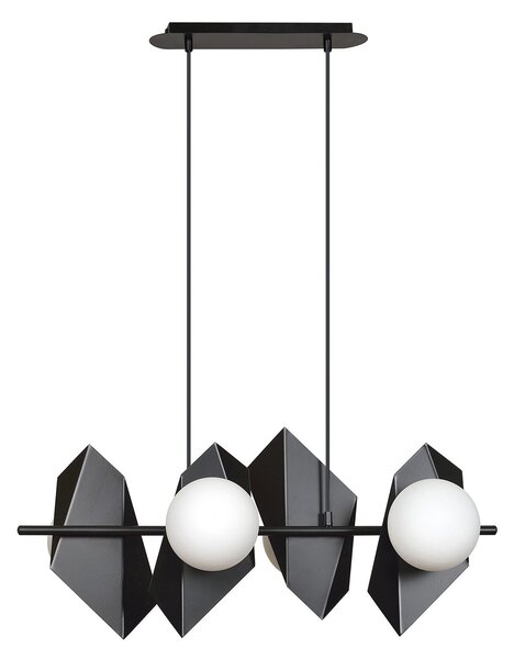 Lampadario 4 Luci Moderno Sharada Acciaio Nero E Sfere Vetro Opalino