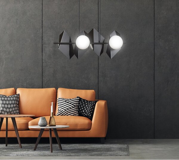 Lampadario 4 Luci Moderno Sharada Acciaio Nero E Sfere Vetro Opalino