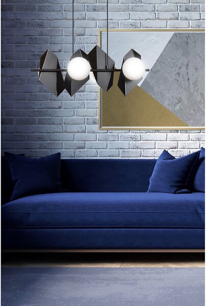 Lampadario 4 Luci Moderno Sharada Acciaio Nero E Sfere Vetro Opalino