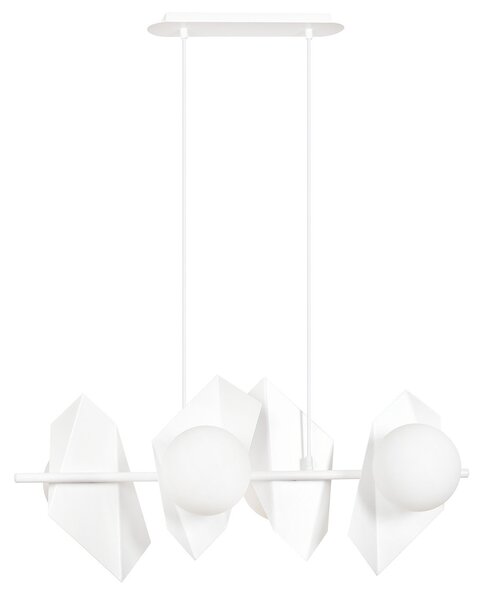 Lampadario 4 Luci Moderno Sharada Acciaio Bianco E Sfere Vetro Opalino
