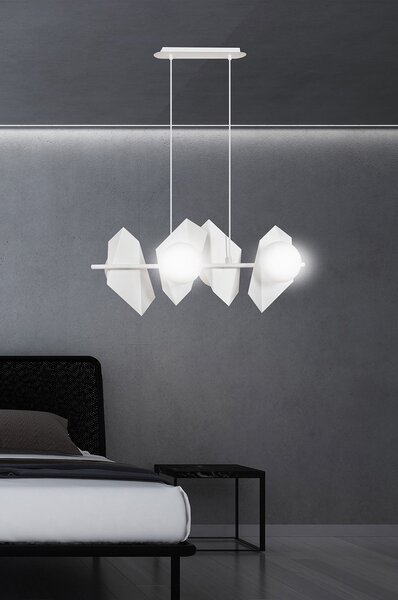 Lampadario 4 Luci Moderno Sharada Acciaio Bianco E Sfere Vetro Opalino
