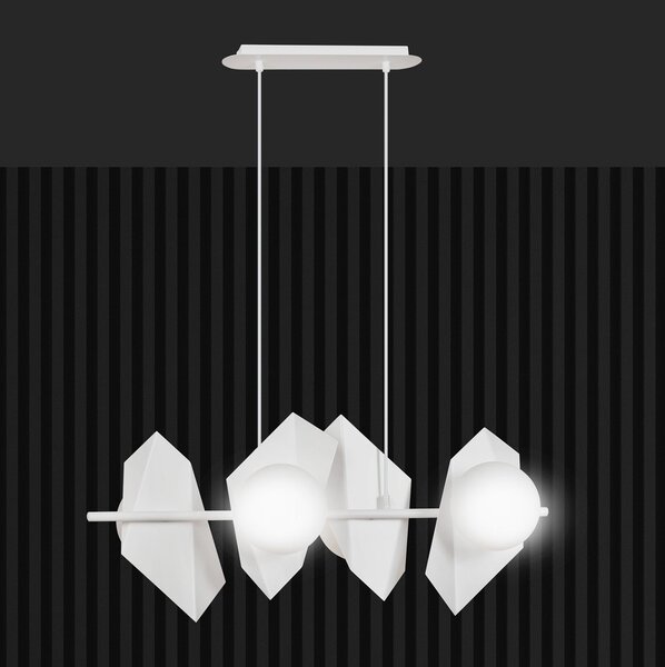 Lampadario 4 Luci Moderno Sharada Acciaio Bianco E Sfere Vetro Opalino