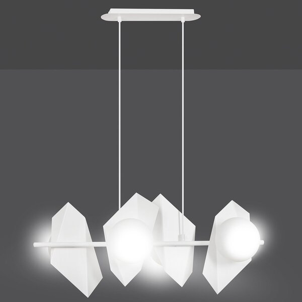Lampadario 4 Luci Moderno Sharada Acciaio Bianco E Sfere Vetro Opalino