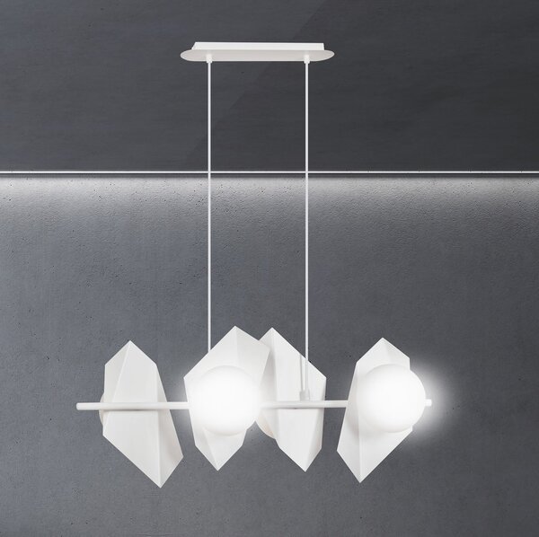 Lampadario 4 Luci Moderno Sharada Acciaio Bianco E Sfere Vetro Opalino