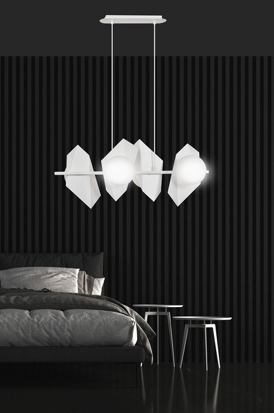 Lampadario 4 Luci Moderno Sharada Acciaio Bianco E Sfere Vetro Opalino