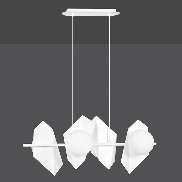 Lampadario 4 Luci Moderno Sharada Acciaio Bianco E Sfere Vetro Opalino