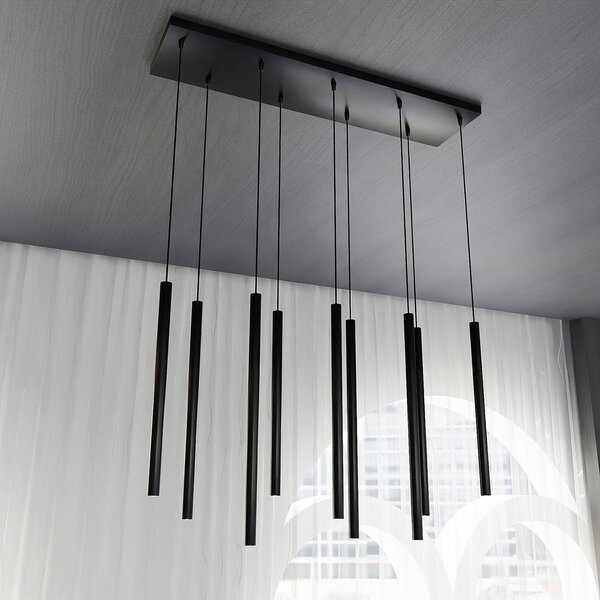 Lampadario 9 Luci Moderno Tsukiyomi Acciaio Nero E Paralumi A Cilindri Sottili