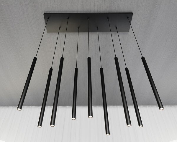 Lampadario 9 Luci Moderno Tsukiyomi Acciaio Nero E Paralumi A Cilindri Sottili