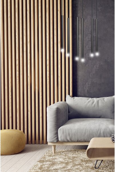 Lampadario 6 Luci Moderno Tsukiyomi Acciaio Nero E Paralumi A Cilindri Sottili